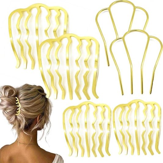 6 PCS Metal Hair Side Combs Pins Fork Clip Teeth Stick for Updo Bun, U Shape Hair Accessories for Vintage Hairstyle, Gold for Thick Hair