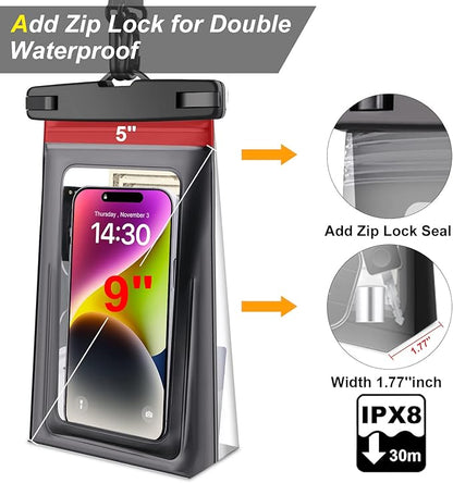 2 Pack Waterproof Pouch Floating with Sealing Strip, 9'' Large Cell Phone Dry Protector Case for iPhone 15 14 13 12 11 Pro Max Plus Samsung Galaxy, Water Proof Bag Holder for Beach Swimming