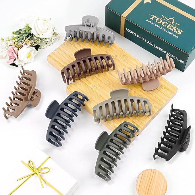 TOCESS Hair Claw Clips for Women – Large Clips for Thin Thick Hair Big Neutral Claw for Curly Hair Matte Nonslip Strong Hold 4.33 Inch Jumbo Claws Jaw Set (8 Pcs)