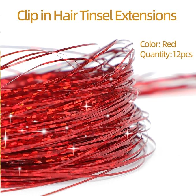 12PCS Tinsel Hair Extensions Glitter Hair Extension Clip in Gold Sparkling Fairy Hair Tinsel Kit Shiny Highlights Colorful Heat Resistant Hair Accessories for Girls Xmas New Year Party-Red
