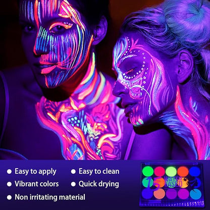 15 Color UV Blacklight Face Paint,Glow in The Dark Body Paint,Water Based Neon Fluorescent Face Painting Kit Palette,Water Activated Eyeliner Makeup,Washable for Kids Adult Halloween Masquerades Club