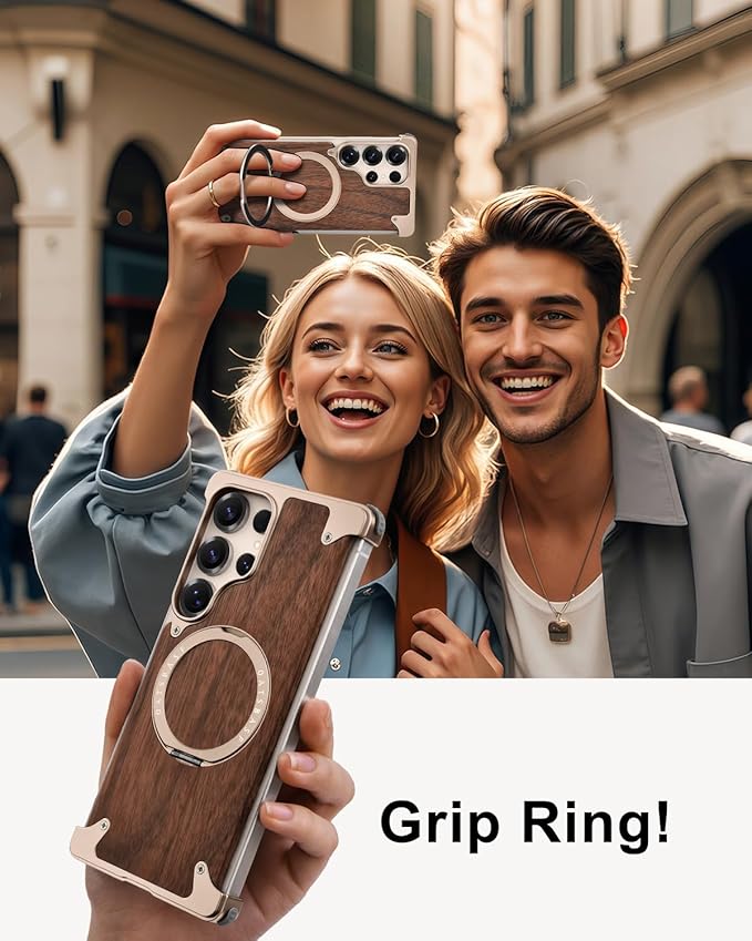 OATSBASF Magnetic Wood Case Compatible with Samsung Galaxy S25 Ultra, [Natural Wood & Aluminum] Shockproof Protective Cover Unique Wooden Case with 360° Ring Stand, Desert Titanium