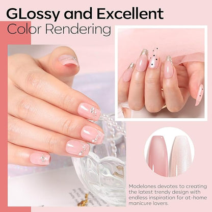 modelones Gel Nail Polish Set 2 Pcs 15 ML Nude Pink Translucent Sheer Glitter French Tip Gel Polish Soak Off LED For Nail Art DIY Shimmer French Manicure At Home For Women Girls