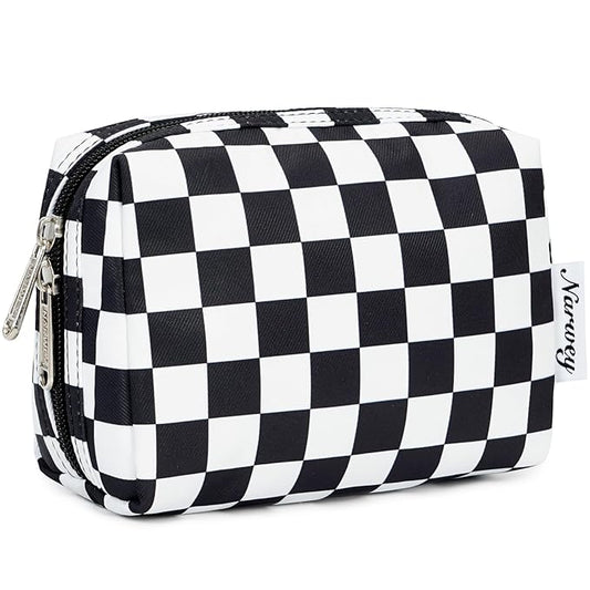 Narwey Small Checkered Makeup Bag for Purse Mini Cosmetic Bag Travel Makeup Pouch Zipper Pouch Cute Make up Bags with Compartments for Women Girls (Black Checkerboard, Small)