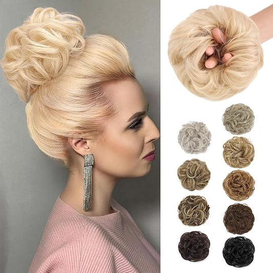 MORICA 1PCS Messy Hair Bun Hair Scrunchies Extension Curly Wavy Messy Bun Hair Synthetic Chignon Hairpieces for Women(22/613#(Pale Golden Blonde & Bleach Blonde Mixed))