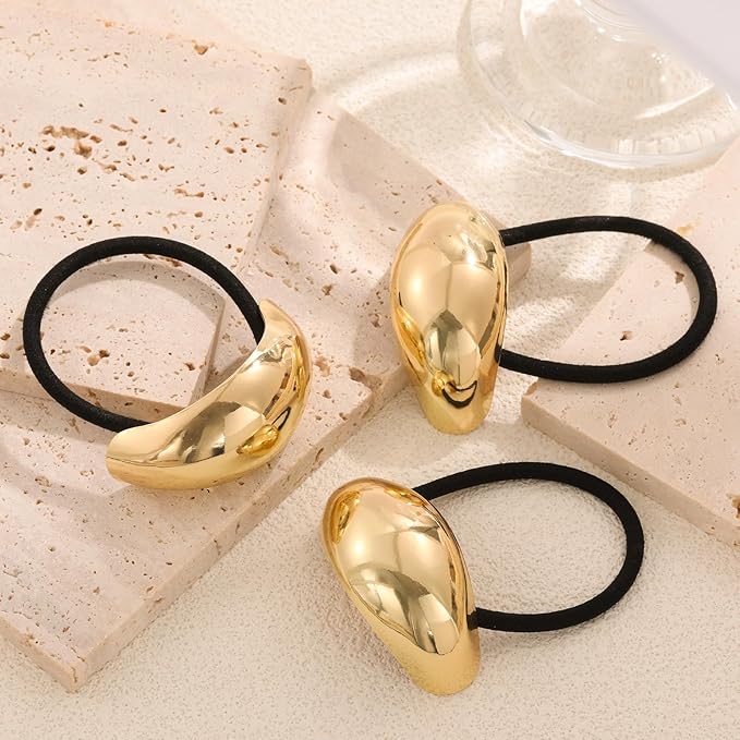 3PCS Gold Hair Ties, Metal Hair Ties for Thick Hair, Elegant Durable Geometric Design Hair Cuffs, Gold Hair Accessories Stretchy Non-Damage Ponytail Cuff Holders Holiday Gifts