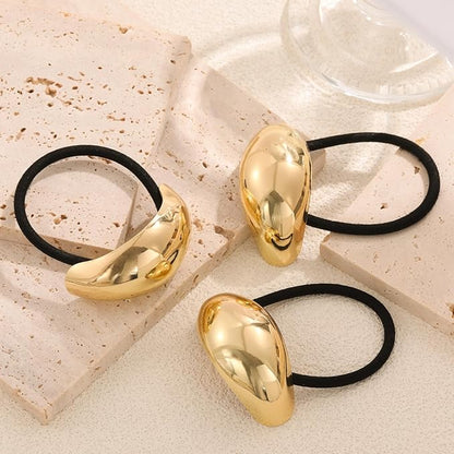 3PCS Gold Hair Ties, Metal Hair Ties for Thick Hair, Elegant Durable Geometric Design Hair Cuffs, Gold Hair Accessories Stretchy Non-Damage Ponytail Cuff Holders Holiday Gifts