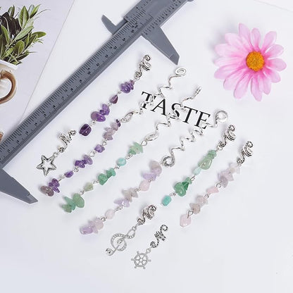 40Pcs Natural Colored Crystal Stone Hair Accessories, hoyuwak Metal Hair Charms, Silver Loc Dreadlock Spirals, Cuffs & Rings for Women's Hairstyles
