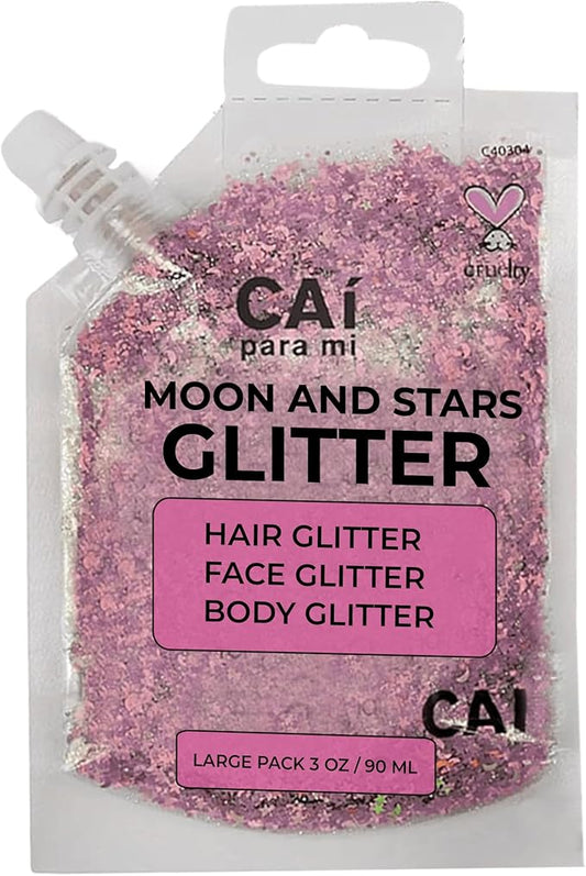 Hair Glitter Gel Body Glitter & Face Glitter for Women/Kids(1 Pk Pink) Chunky Iridescent Holograph Stars & Moon 3 oz | Cosmetic-Grade Makeup, Apply Without Glue, Easy to Take Off & Keep Skin Clean
