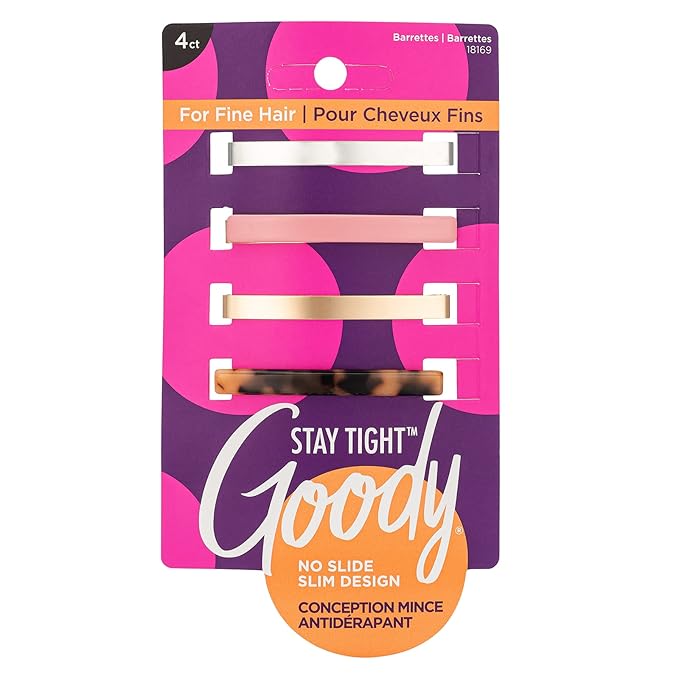 Goody Stay Tight Hair Barrettes, 4 Ct, Assorted Colors, SlideProof Flat Clips, Comfortable & Versatile Styling Accessories for Women, Men, Boys & Girls, Clips for All Hair Types