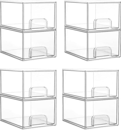 Vtopmart 8 Pack Clear Stackable Storage Drawers, 4.4'' Tall Acrylic Bathroom Makeup Organizer,Plastic Storage Bins For Vanity, Undersink, Kitchen Cabinets, Pantry, Home Organization