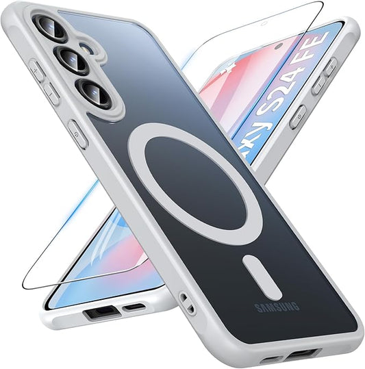 OWKEY for Samsung Galaxy S24 FE Case 6.7'', Magnetic Galaxy S24 FE Case for Magsafe with Tempered Screen Protector [Shockproof Military] Translucent Matte Bumper Phone Cover Samsung S24 FE 5G, Gray