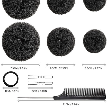 Hair Bun Maker Set, 37 Pieces (2 Large, 2 Medium, 2 Small) Donut Bun Makers, 10 Elastic Hair Ties, 20 Bobby Pins, 1 Comb - Black