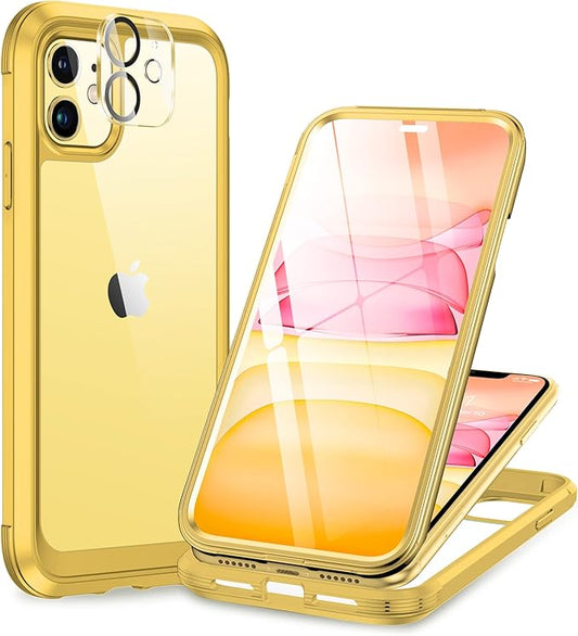 Miracase Glass Series Designed for iPhone 11 Case [2023 Upgraded] Full-Body Rugged Bumper Case with Built-in 9H Tempered Glass Screen Protector and Camera Protector (Yellow)