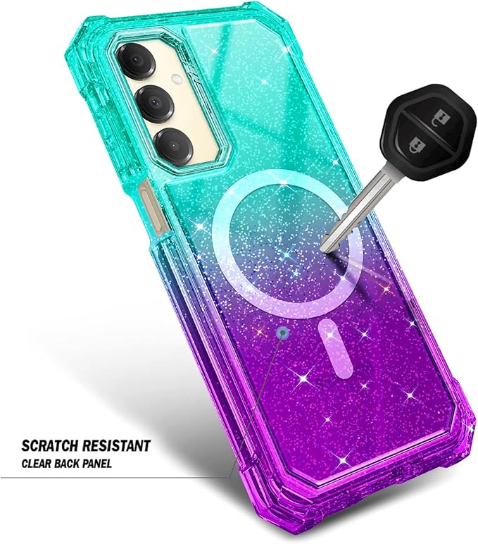 Designed for Samsung Galaxy A16 5G/4G Phone Case, Magnetic Compatible with MagSafe, [Raised Corners Drop Protection] Shockproof Protective Bumper Cover (Glitter Aqua/Purple)
