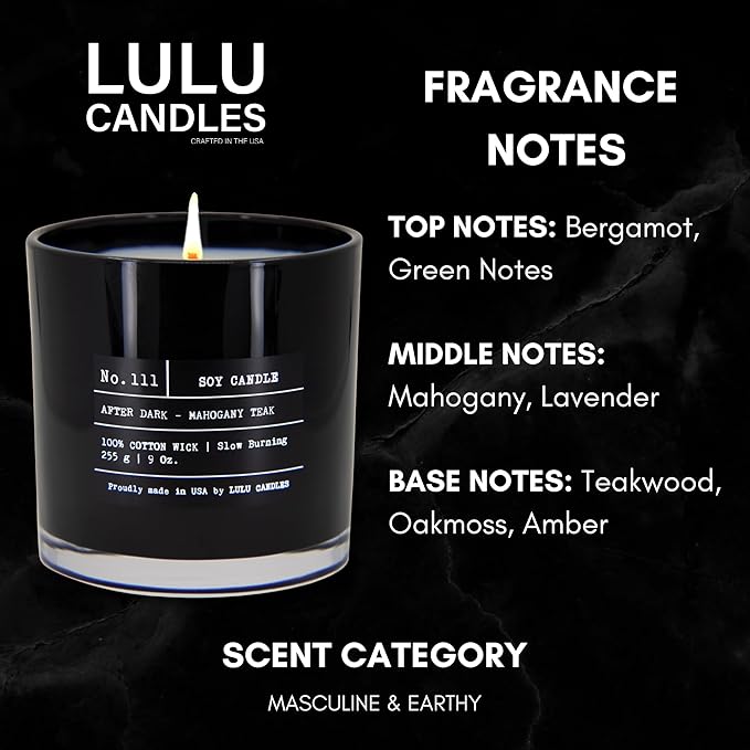 Lulu Candles | After Dark - Mahogany Teak | Luxury Scented Soy Jar Candle | Hand Poured in The USA | Highly Scented Candles for Home Fragrance & Decor (9 Oz.)