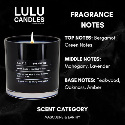 Lulu Candles | After Dark - Mahogany Teak | Luxury Scented Soy Jar Candle | Hand Poured in The USA | Highly Scented Candles for Home Fragrance & Decor (9 Oz.)