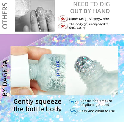 DAGEDA Body Glitter Gel, Body Sequins Shimmer Liquid Eyeshadow, Chunky Glitter for Face Hair Nails, Holographic Cosmetic Laser Powder Festival Glitter Makeup 50ml(Silver)