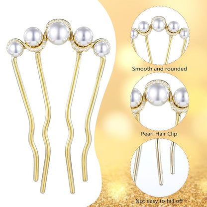 2Pcs Pearl U Shaped Hair Pins Metal Hair Fork Clips, Elegant Bridal Hair Side Comb Hair Pin for Women Girls, French Pearl Hair Styling Accessories for Bridal Wedding Daily Party Holiday