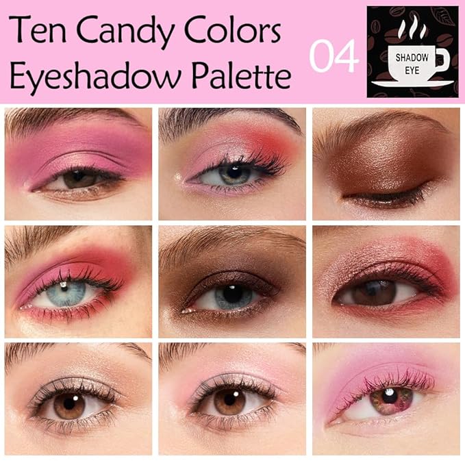 Ten-Color Eyeshadow Palette, Nude Red Pink Light Red Rose Light Pink Browm 10 Shimmer and Matte Shades, Blendable Powder, Party Eye Makeup, Vegan and Cruelty-Free, Built-In Mirror and Brush, 04#