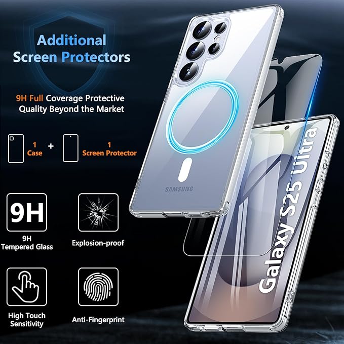 OWKEY Samsung Galaxy S25 Ultra Case 6.86'', Magnetic S25 Ultra Case for Magsafe with Tempered Glass Screen, [Shockproof Military] Transparent Back Slim Bumper Cover Phone Case Galaxy S25 Ultra, Clear
