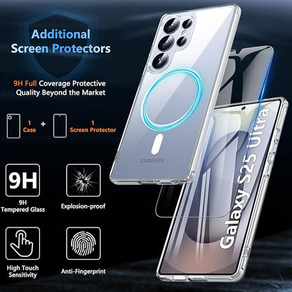 OWKEY Samsung Galaxy S25 Ultra Case 6.86'', Magnetic S25 Ultra Case for Magsafe with Tempered Glass Screen, [Shockproof Military] Transparent Back Slim Bumper Cover Phone Case Galaxy S25 Ultra, Clear
