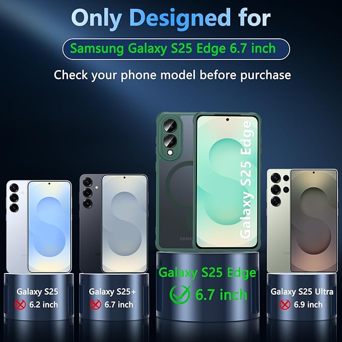 OWKEY for Samsung Galaxy S25 Edge Case 6.65'',Magnetic S25 Edge Case for Magsafe with Tempered Glass Screen, [Shockproof Military] Translucent Back Slim Bumper Cover Phone Case Galaxy s25 Edge,Green