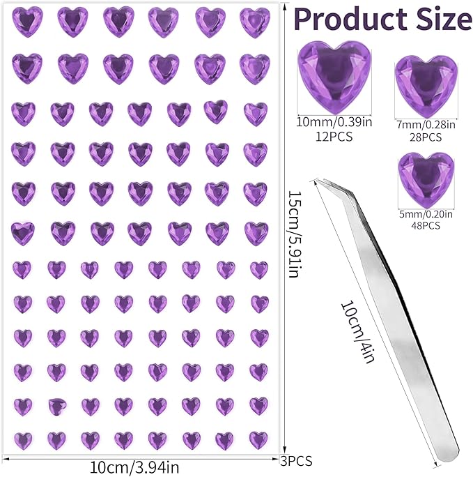 264Pcs Heart Face Gems Love Gems, Self-Adhesive Face Jewels Rhinestones 5/7/10 mm DIY Face Gems Stick on, Valentine Makeup Gems Rave Accessories for Face Eyes Hair Makeup Body, Crafts (Purple)