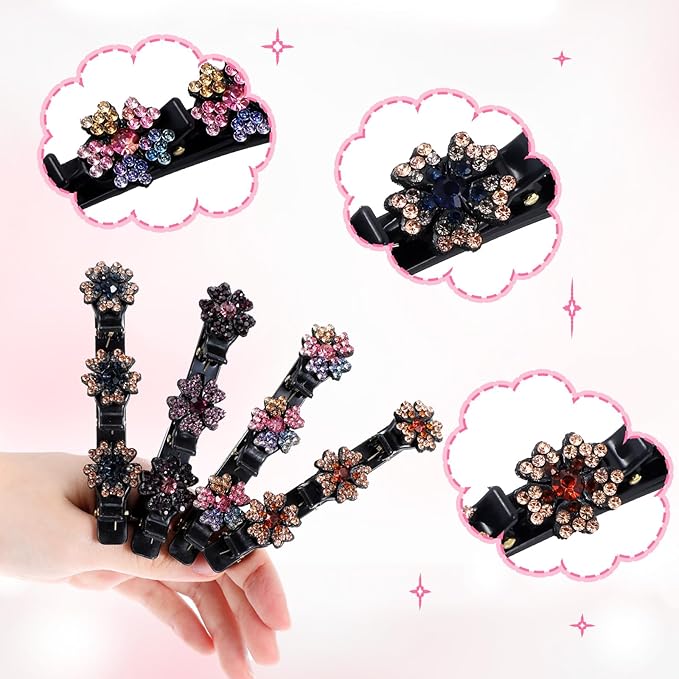 4PCS Sparkling Crystal Stone Braided Hair Clips, Shiny Fancy Hair Clips Elegant Four-Leaf Clover Braided Hair Clips for Women Styling, Braid Rhinestone Hair Accessories for Women Girls