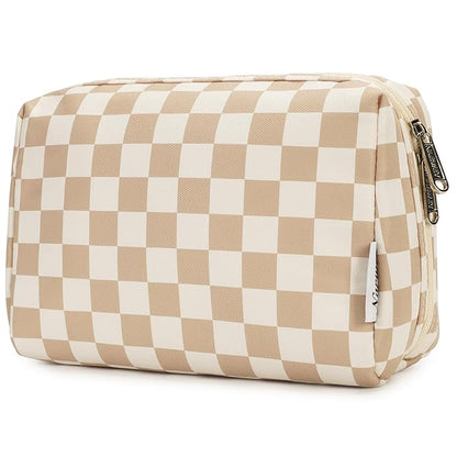 Narwey Checkered Makeup Bag Travel Cosmetic Bag Organizer Toiletry Bag Make Up Bags with Compartments for Women Girls (Large, Light Checkerboard)