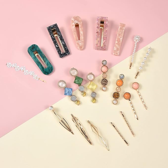 Mehayi 20 PCS Pearls and Acrylic Resin Hair Clips, Handmade Hair Barrettes, Marble Alligator bobby pins, Glitter Crystal Geometric Hairpin, Elegant Gold Hair Accessories, Gifts for Women Girls