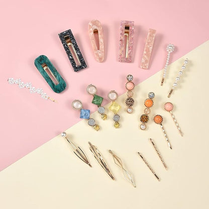 Mehayi 20 PCS Pearls and Acrylic Resin Hair Clips, Handmade Hair Barrettes, Marble Alligator bobby pins, Glitter Crystal Geometric Hairpin, Elegant Gold Hair Accessories, Gifts for Women Girls