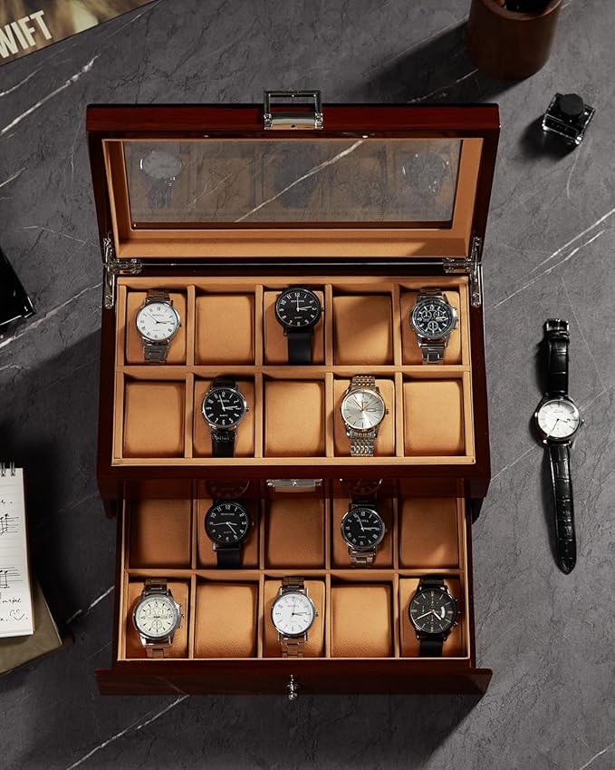 20-Slot Wooden Watch Box, Wood Watch Case with Glass Lid, 2 Layer Storage Organizer for Men Women, Velvet Lining, Watch Display Box, Mother's Day Gifts