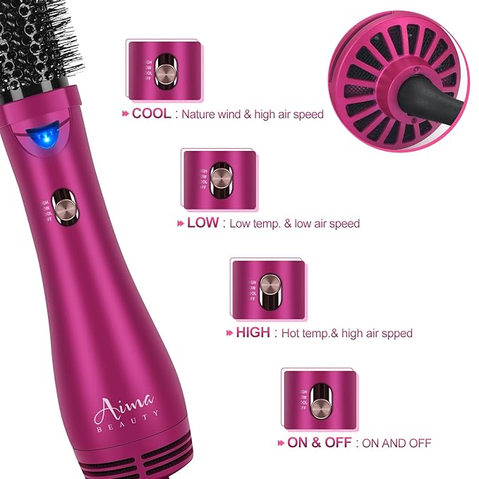 Aima Beauty One Step Hair Dryer & Volumizing Hot Air Brush, Ceramic Straightener Brush, Curler & Hot Comb 4 in 1 Salon Ionic Hair Brush, Rose Pink