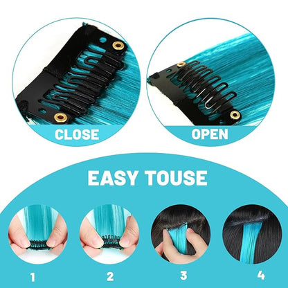 22 inch Colored Hair Extensions, Multi-colors Party Highlights Clip in Synthetic Hair Extensions, Color Party Highlights Hairpieces for Girls Women(10 PCS Sky Blue)