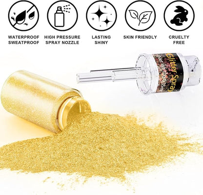 Hair and Body Glitter Spray, 1PC Gold Glitter Hairspray Dry Powder Makeup for Clothes, Festival Rave Prom Loose Sparkle Powder,Holographic Ultra Fine Resin Glitters for Crafts,10g (Gold)
