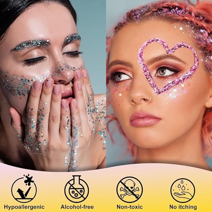Face Body Glitter Gel, Gold Holographic Glitter Sequin for Face Body Hair,Halloween Festival Party Sparkling Gel Glitter Makeup for Women and Kids,50ml