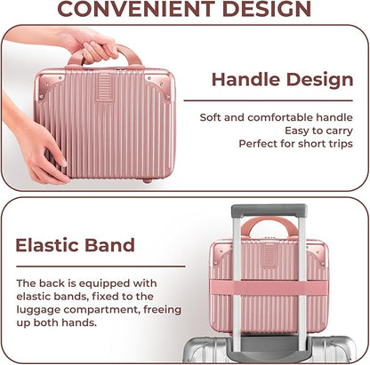 Noverlife 14 Inch Portable Makeup Travel Case Hand Luggage, Pressure-proof ABS Carrying Makeup Case Suitcase with Elastic Band, Small Hard Shell Cosmetic Case for Travel Camping Women Girl - Rose Gold