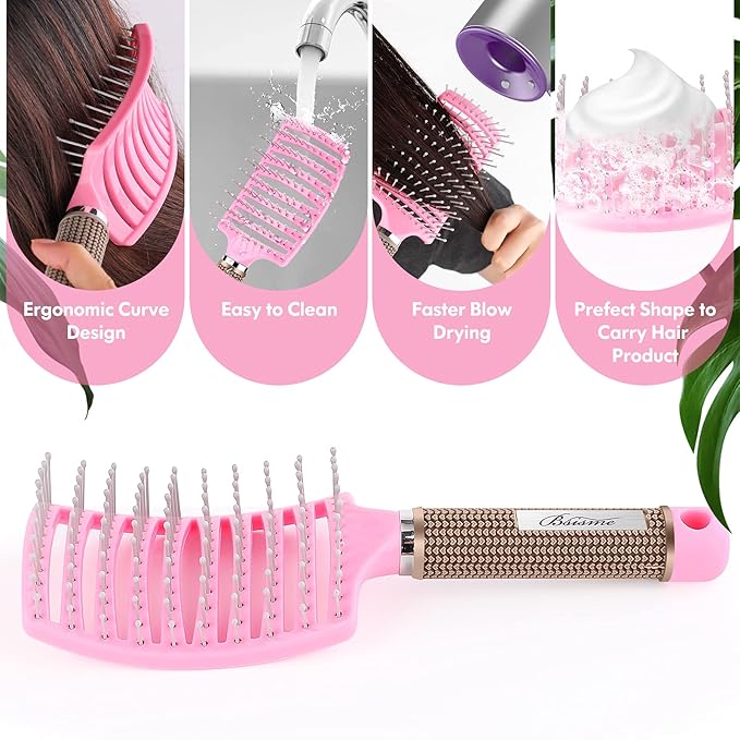 Bsisme Hair Brush, Curved Vented Brush for Faster Blow Drying, Professional Styling Hair Brushes for Women and Men, Paddle Detangling Brush for Wet Dry Curly Thick Straight Hair, Pink