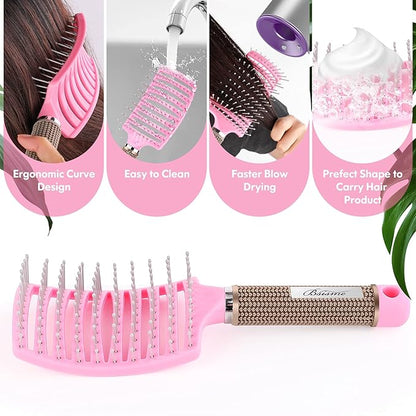 Bsisme Hair Brush, Curved Vented Brush for Faster Blow Drying, Professional Styling Hair Brushes for Women and Men, Paddle Detangling Brush for Wet Dry Curly Thick Straight Hair, Pink