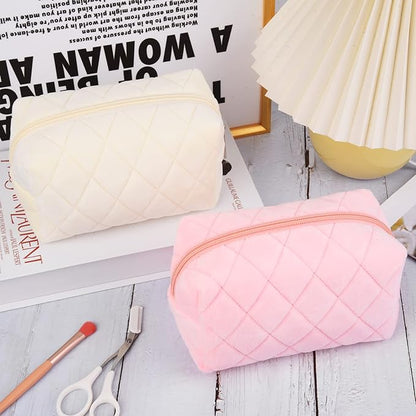 2 Pieces Makeup Bag Checkered Cosmetic Bag Plush Pink White Makeup Pouch Travel Toiletry Bag Organizer Cute Makeup Brushes Storage Bag for Women