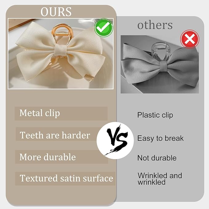 3PCS Metal Claw Hair Clips for Women & Girls - Premium Bow-knot Nonslip Claw Clips for Thick & Thin Hair, Big Bows (Black, White, Khaki)