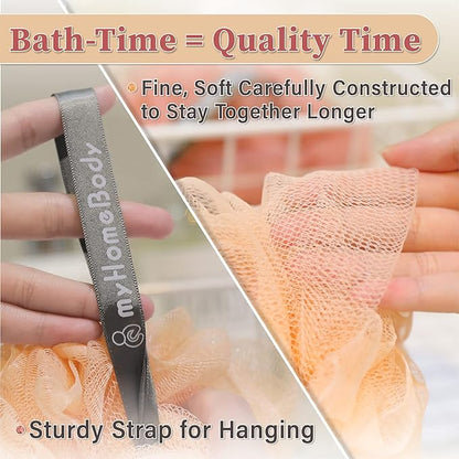 myHomeBody Large 70g Loofah Sponge, Body Scrubber, Bath Sponge, Loofah for Women, Men, Exfoliating Sponge Shower Pouf with Activated Charcoal - 2 Peach + 1 Coral Red, 3 Pack