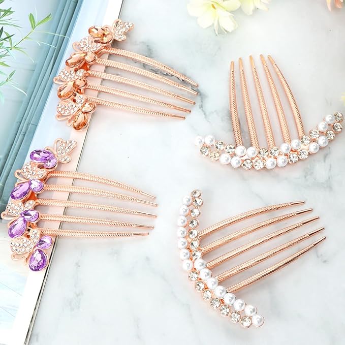 4 Pcs Pearl Rhinestones Hair Accessories, Pearl Hair Side Combs Clip Crystal Rhinestone Hair Combs for Women and Girls, Decorative Combs for Wedding Party Daily (Rose Gold)