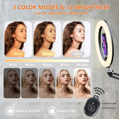 Upgrade 10’’ Ring Light Overhead Phone Mount,LED Selfie Light with Stand and Phone Holder for iPhone and Laptop,Desk Light for Video Recording, Live Streaming,Zoom Meeting, YouTube，Tiktok