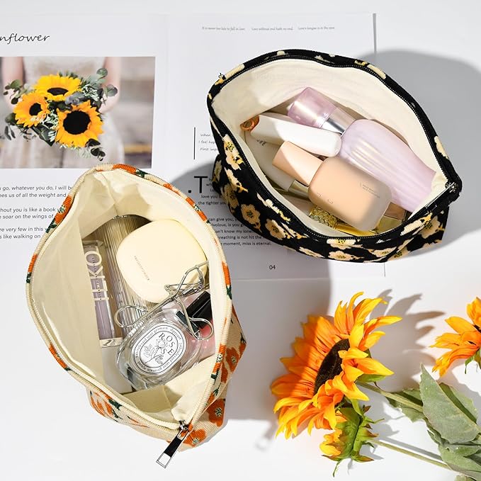 2 Pieces Flower Makeup Bag Large Corduroy Cosmetic Bag Capacity Canvas Travel Toiletry Bag Organizer Cute Makeup Brushes Aesthetic Accessories Storage Bag for Women, Flower L Orang Black