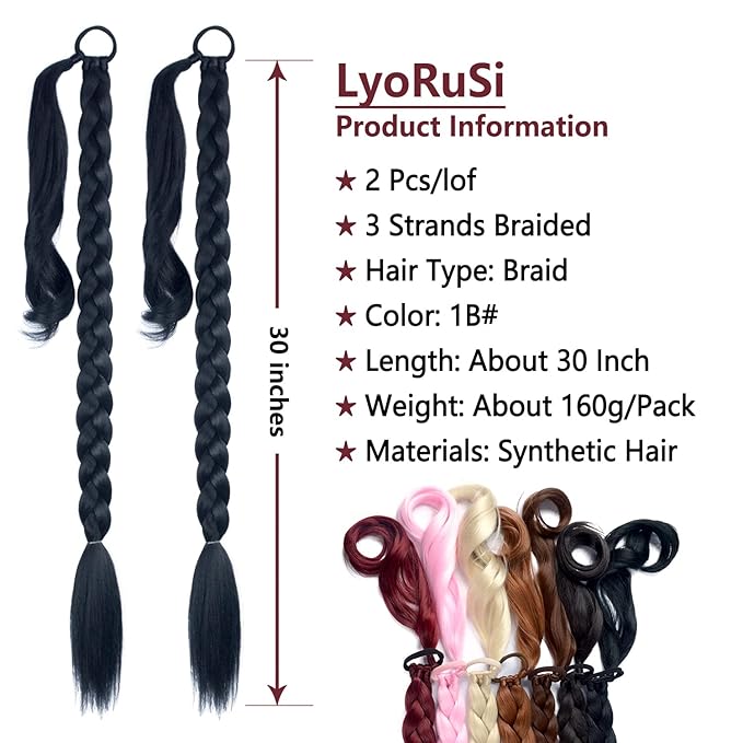 2 Pack Long DIY Braided Ponytail Extension with Hair Tie Straight Wrap Around Hair Extensions Ponytail(1B#)