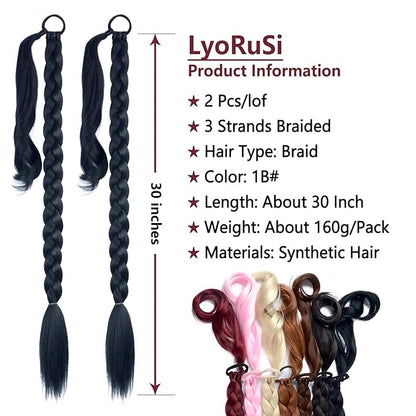 2 Pack Long DIY Braided Ponytail Extension with Hair Tie Straight Wrap Around Hair Extensions Ponytail(1B#)