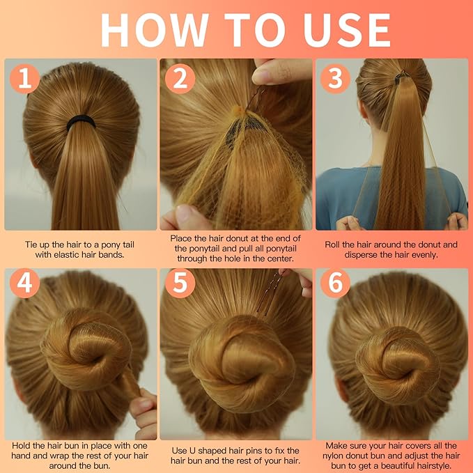 FANDAMEI Hair Donut Bun Maker Kit - 4 Hair Bun Maker, 20 Invisible Hair Nets for Buns, 5 Elastics, 20 Bobby Pins, Bun Nets for Ballet girls,Hair Donuts for Buns - Light Brown