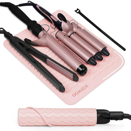 Oversize Large Silicone Heat Resistant Mat, 13.19" x 10.24" Professional Heat Mat for Curling Iron, Portable Vanity Decor Makeup Mat with Velcro Cover for Travel Vanity Salon (Pink)